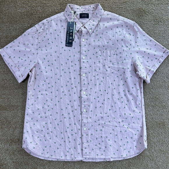 NWT Jachs Men's XL Rosette‎ Pink Palm Trees Printed Linen Short Sleeve Shirt - Picture 1 of 8